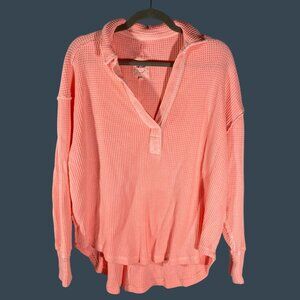 Aerie Pink Waffle Knit V neck Long Sleeve oversized slouchy Pullover Top S neon